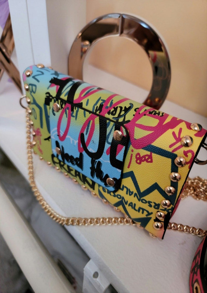 Bright Graffiti Belt W/mini Studded Bag 2-in 1 - GlamLusH Boutique 